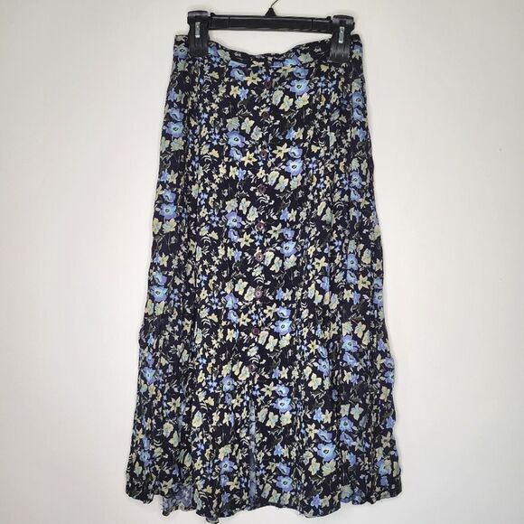 Vintage Ship'n Shore Floral Blue A-line Midi Skirt Buttons M - Picture 1 of 8
